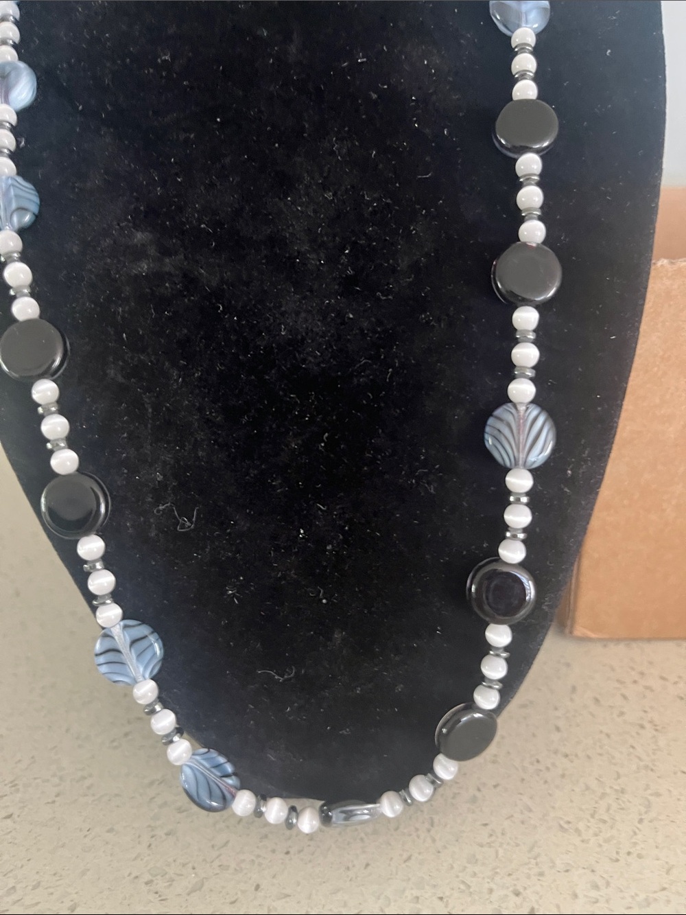 Blue and Black Beaded Women's Necklace - Elegant Striped Accent Beads